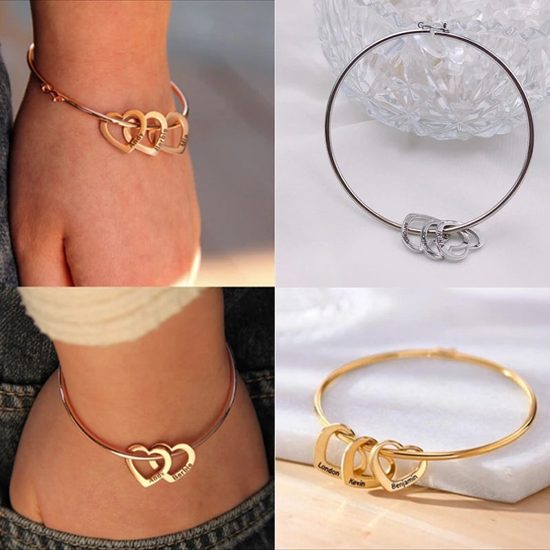 Customized Engraving Name Heart Pendant Bangles for Women Personalized Stainless Steel Bracelet Jewelry Girlfriend Birthday Gift