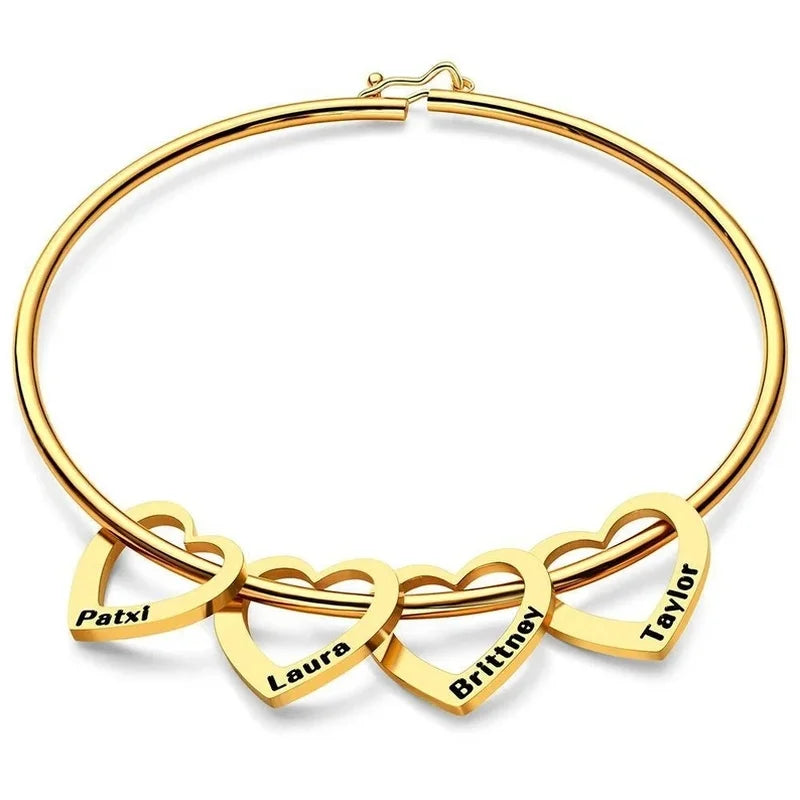 Customized Engraving Name Heart Pendant Bangles for Women Personalized Stainless Steel Bracelet Jewelry Girlfriend Birthday Gift