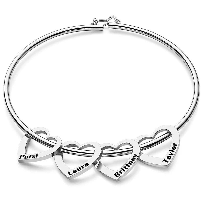 Customized Engraving Name Heart Pendant Bangles for Women Personalized Stainless Steel Bracelet Jewelry Girlfriend Birthday Gift