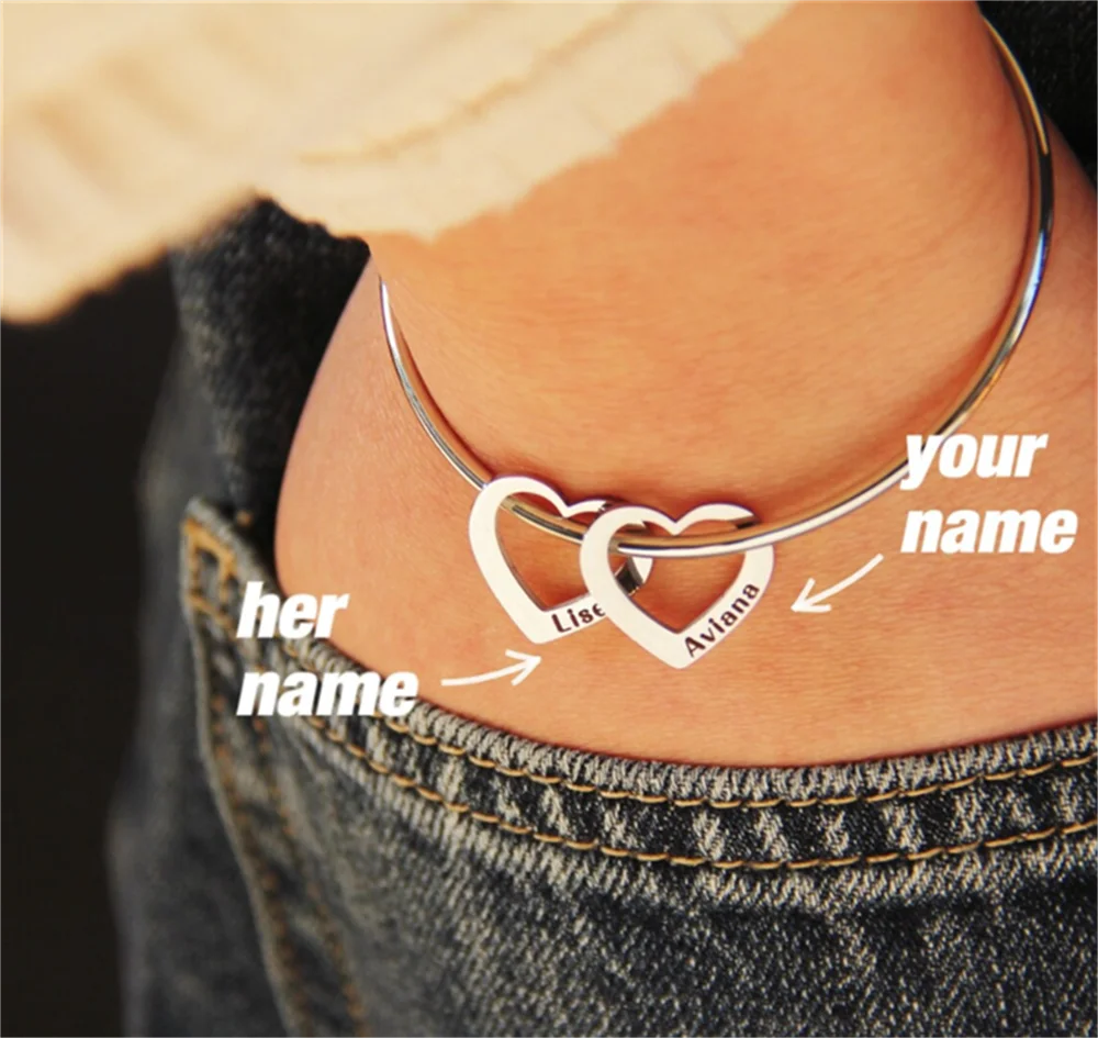 Customized Engraving Name Heart Pendant Bangles for Women Personalized Stainless Steel Bracelet Jewelry Girlfriend Birthday Gift